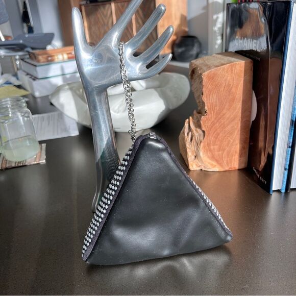 Black Triangular Studded Pouch with Silver Chain Zipper - Picture 4 of 5